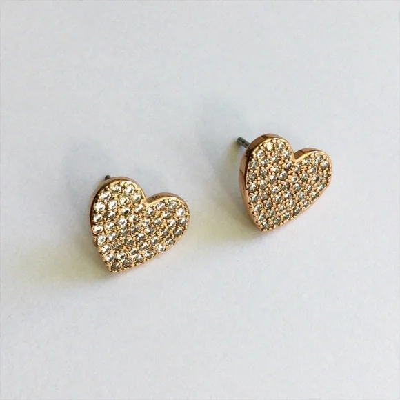 PRICE FIRM - KATE SPADE Heart Shaped Rose Gold Tone Pave Stud Earrings - NWT - Picture 9 of 16
